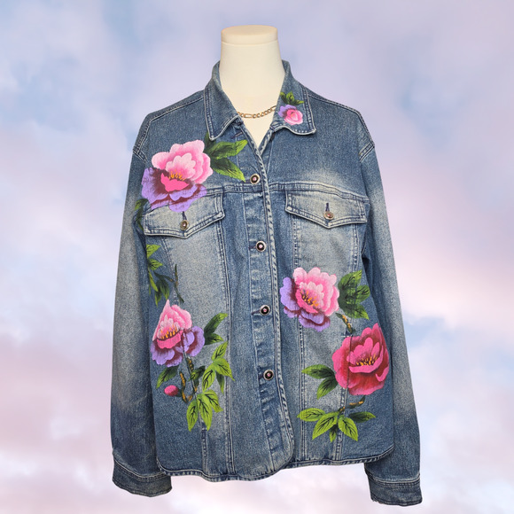 1 Of 1 Jackets & Blazers - Vintage 1of1 Unique Hand Painted Roses Floral Pink Purple Peony Denim Jacket XL